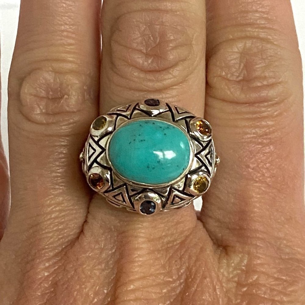 Sterling Silver 925 Thailand Turquoise Multi Gemstone Dome Statement Ring 7.75